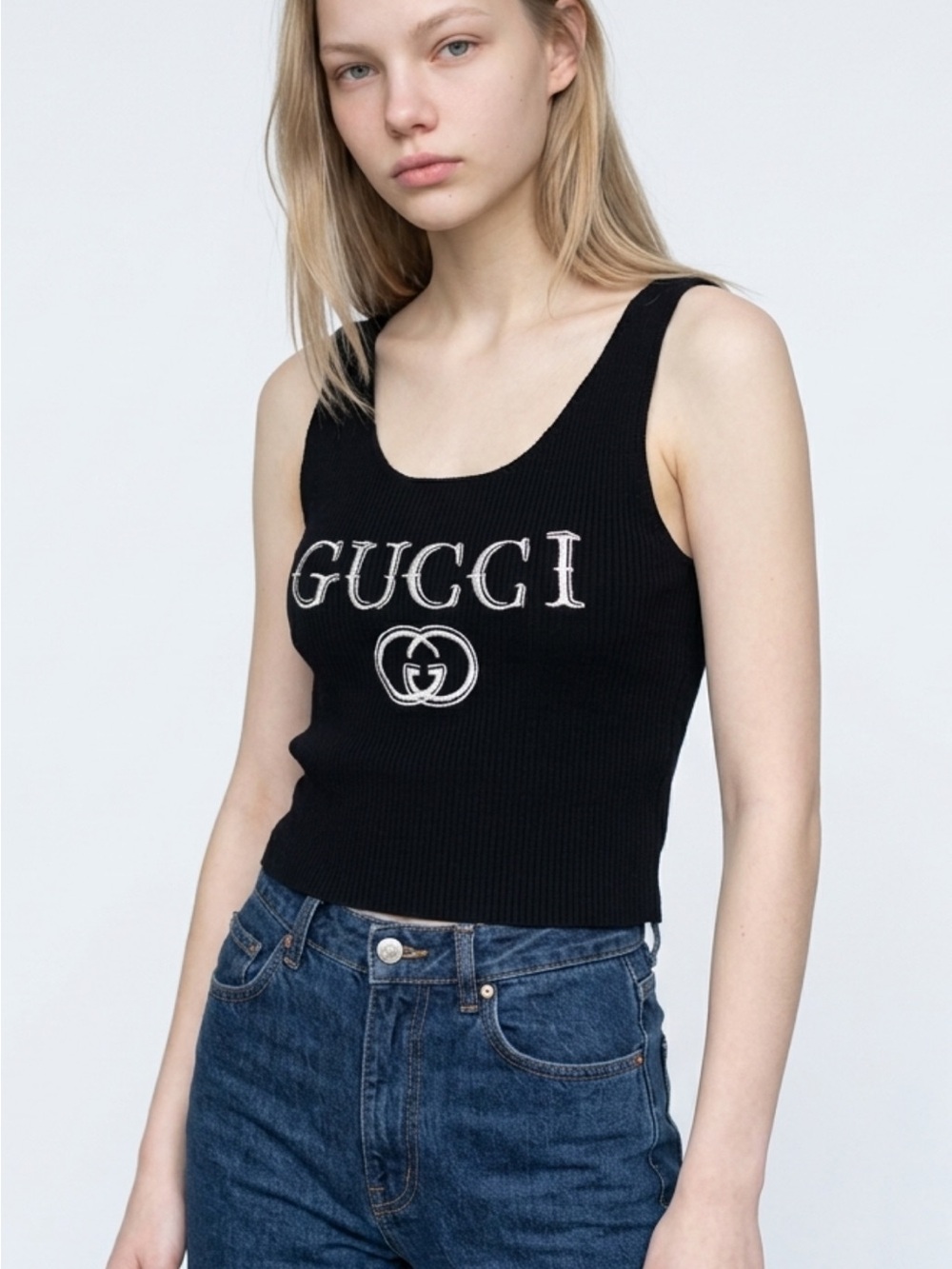 GUCCI Black Ribbed Logo Scoop Tank